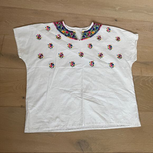Mexican Style White Embroidered Neon Floral Top Women's Medium - Picture 1 of 6